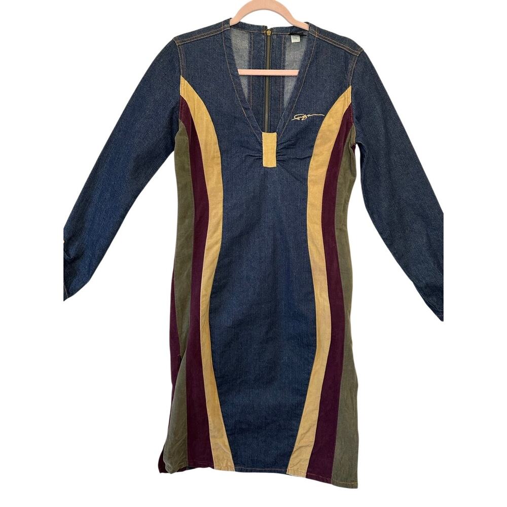 Vintage FUBU Denim Long Sleeve Dress Corduroy Patchwork Stripes Vneck Size 7/8 - Picture 15 of 16